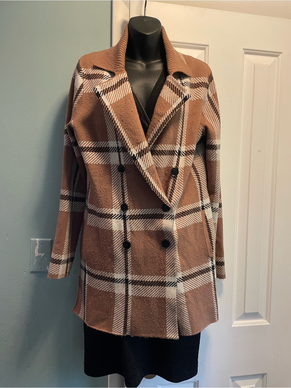 Max Studio Brown and White Plaid Double-Breasted Pea Coat